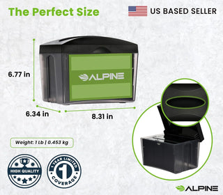 Alpine Industries ALP4332 size graphic of dispenser with dimension callouts and open lid detail
