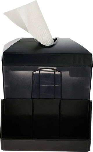Alpine Industries ALP4332 napkin dispenser end view with a napkin pulled through the top slot