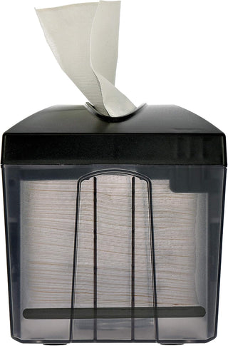 Alpine Industries ALP4332 end view of dispenser through the smoke shell showing stacked napkins