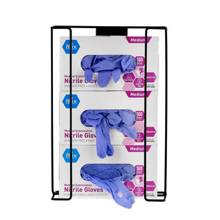 Alpine Industries ALP485-04 triple box glove dispenser in black loaded with glove boxes, front view