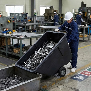 Alpine Industries ALP500-12 tilt truck tipped by a worker to dump scrap metal in a factory