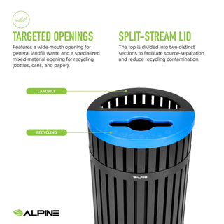 Alpine Industries ALP467-D40-BLK Vanta graphic of the split-stream lid with landfill and recycling openings