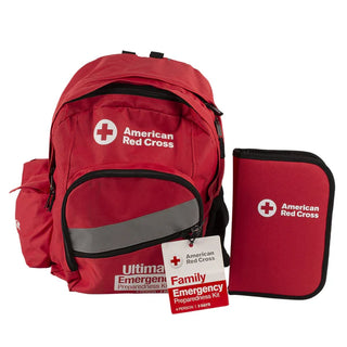 Red American Red Cross emergency preparedness kit with backpack and pouch on a white background
