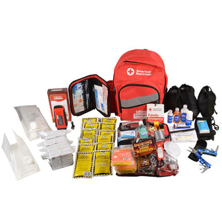 American Red Cross emergency preparedness kit with various supplies on a white background