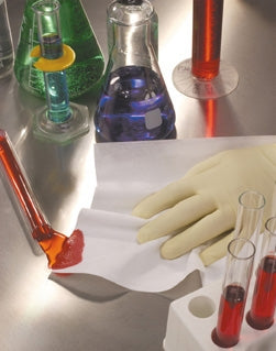 Laboratory setting with beakers, test tubes, and a Amplitude™ EcoCloth™ 903288_CS Cleanroom Wipe  ISO Class 6 White 9 X 9 Inch Disposable 