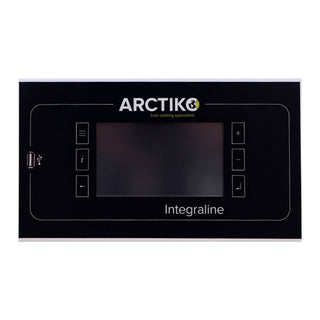 Black electronic device with a screen and control buttons on biomedical freezer, featuring the Arctiko brand.