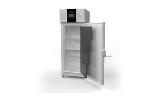 Tall Ultra Low Temp Upright Freezer with open door on a white background