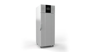 Silver Ultra Low Temp Upright Freezer with digital display on a white background