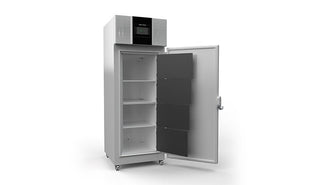 Large industrial Ultra Low Temp Upright Freezer with open door on a white background