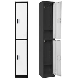 Alpine Industries ADI629-202 white-door black-frame double tier locker shown closed and open with empty interior