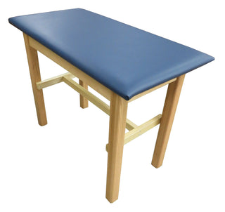 Bailey Manufacturing Model-14 H-Brace Taping Table with a blue cushion on a white background