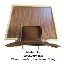 Wooden accessory tray with Model 123 label, shown installed from above a chair.
