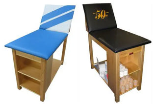 Bailey Manufacturing Model 25 Deluxe Taping Table, one with blue cushion and striped backrest, the other with black cushion and '50' logo, on a white background.
