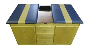 Bailey Manufacturing Model 26 Dual Taping Station with blue and gold striped covers on a white background