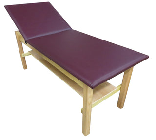 Bailey Manufacturing Model 421 Adjustable Back Plain Shelf Treatment Table with maroon padding on a white background