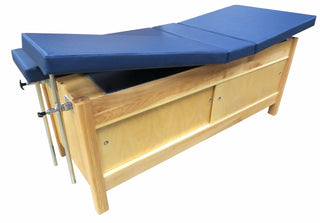Bailey Manufacturing Model 4310 Full Cabinet Style Sports Medicine Treatment Tables with blue foam pads on a white background