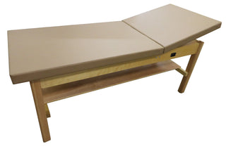 Bailey Manufacturing Model 441 Adjustable Back and Plain Shelf Treatment Table with wooden legs on a white background