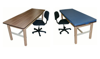 Bailey Manufacturing Model 487 Classroom Treatment Table w/ Removable Mat with blue cushioned seats and black office chairs on a white background