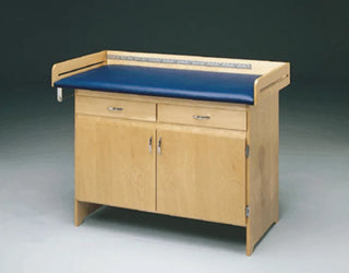Bailey Manufacturing Model 498 Pediatric Exam Cabinet Table with blue cushioned top on a gray background
