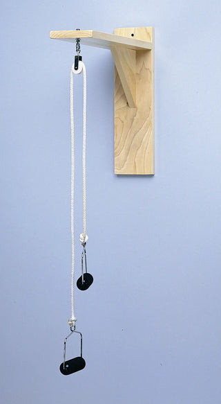 Wooden pulley systemBailey Manufacturing Model 757 Wall Pulley weights on a light blue background