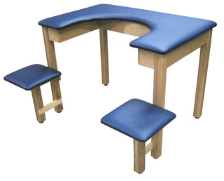 Bailey Manufacturing Model 7720/7724 Whirlpool Tables with blue cushioned top and two matching stools on a white background