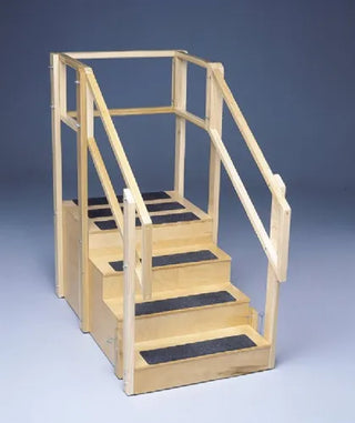 Bailey Manufacturing Model 808 Three Sided Training Stairs with handrails and black treads on a blue background