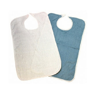 Two  bibs, one white and one blue Beck's Classic 952952_CS Bib Snap Closure Reusable on a white background