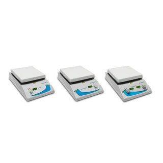 Three Benchmark Scientific 10x10" Digital Hotplate Stirrers on a white background