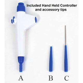 Hand Held controller with accessory tips for Benchmark Scientific Accuris Aspire™ Laboratory Aspirator on a white background