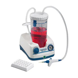Benchmark Scientific Accuris Aspire™ Laboratory Aspirator with red liquid in a beaker on a white background