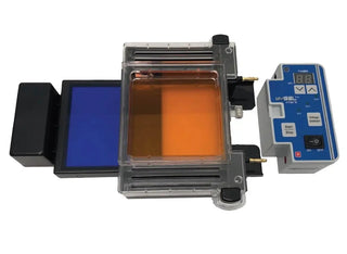 Benchmark Scientific Accuris myGel™ InstaView Mini Electrophoresis System with blue and orange sample compartments on a white background