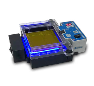 Benchmark Scientific Accuris myGel™ InstaView Mini Electrophoresis System with a screen and control panel on a white background