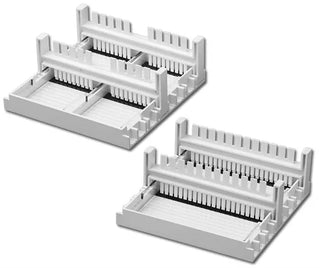 Two white plastic trays with multiple compartments for Benchmark Scientific Accuris myGel™ Mini Electrophoresis System on a white background