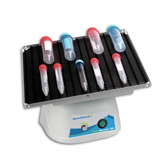 Benchmark Scientific B3D2300 BenchRocker™ 3D Nutating Shaker with sample tubes on a white background