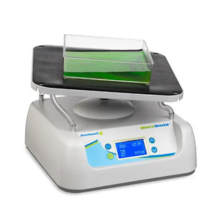 Benchmark Scientific B3D5000 BenchWaver™ 3D Rocker with a clear container holding green liquid on a white background
