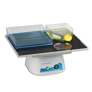 Benchmark Scientific BR2000 BenchRocker™ 2D Variable Speed Rocker with 14"x12" Flat Mat Platform with various components on a white background