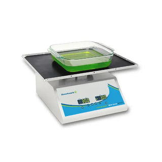 Benchmark Scientific BR5000 Everlast™ Rocker with Variable Speed and Flat Mat with a clear container on a white background