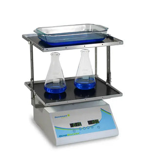 Benchmark Scientific BR5404 Benchmark QuadRocker™ with two beakers containing blue liquid on a white background
