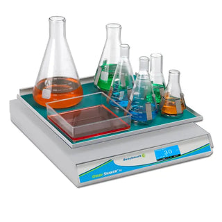 Benchmark Scientific BT1011 Orbi-Shaker™ XL with Touch Screen Display with beakers containing different colored liquids on a white background