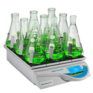 Benchmark Scientific BT3001 Orbi-Shaker™ with Touch Screen Display with conical flasks containing green liquid on a white background