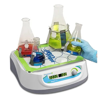 Benchmark Scientific BT302 Orbi-Shaker™Jr with beakers containing colored liquids on a white background