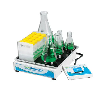 Benchmark Scientific BT4001 Orbi-Shaker™ CO2 with Remote Controller including beakers, a rack, and a digital display on a white background