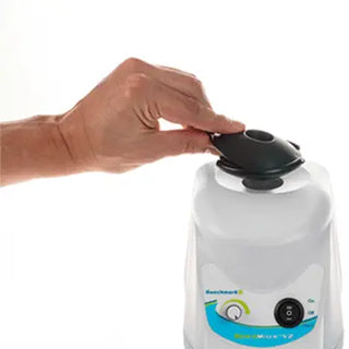 Hand interacting with a white Benchmark Scientific BV1003 BenchMixer V2 on a white background