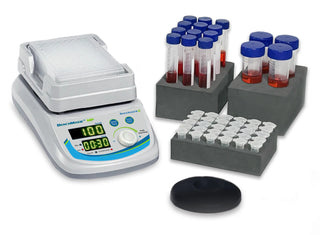Laboratory equipment including a Benchmark Scientific BV1007 BenchMixer™ MP Vortex Mixer for Tubes and Plates and test tube racks with samples on a white background