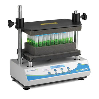 Benchmark Scientific BV1010 BenchMixer™ XL Multi-Tube Vortexer with 50x12mm Tube Rack with test tubes containing green liquid on a white background