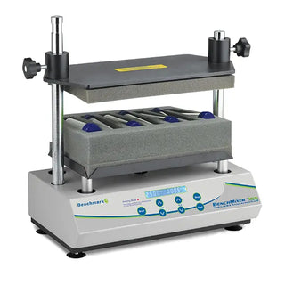 Benchmark Scientific BV1010-TST BenchMixer XLQ Mult-Tube Vortexer for QuECheRS with foam block and blue containers on a white background