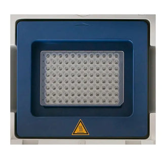 Benchmark Scientific Benchmark TC 9639 Gradient Thermal Cycler with a clear lid containing a grid of small compartments, featuring a warning symbol.