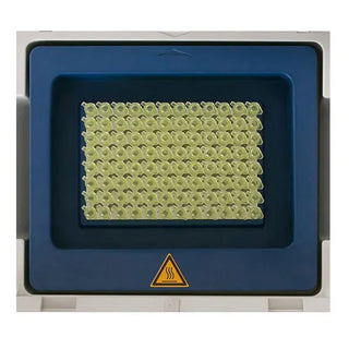 Blue container with a grid of small green items inside, featuring a warning symbol in Benchmark Scientific Benchmark TC 9639 Gradient Thermal Cycler