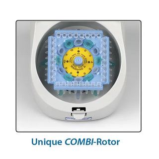 Showing unique Combi-Rotor on Benchmark Scientific C1012 MyFuge™12 Mini Centrifuge on white background