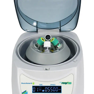 Showing rotor with tubes on Benchmark Scientific C2205 MyFuge™ 5D Digital Mini Centrifuge on a white background